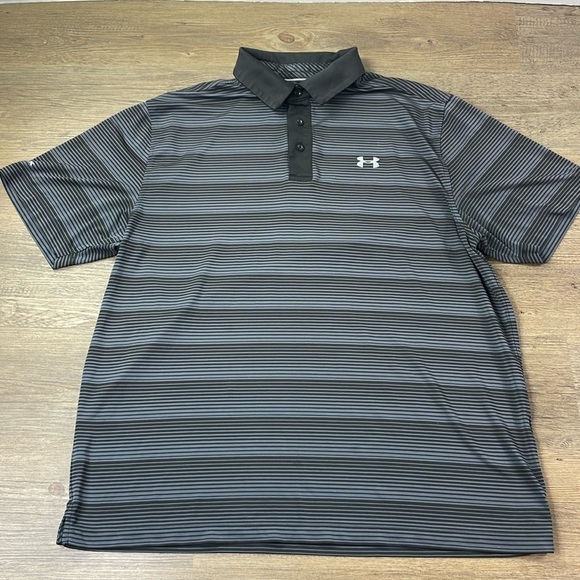 Under Armour Mens HeatGear Black Grey Striped Short Sleeve Polo, Cold Black, XL - Picture 1 of 8